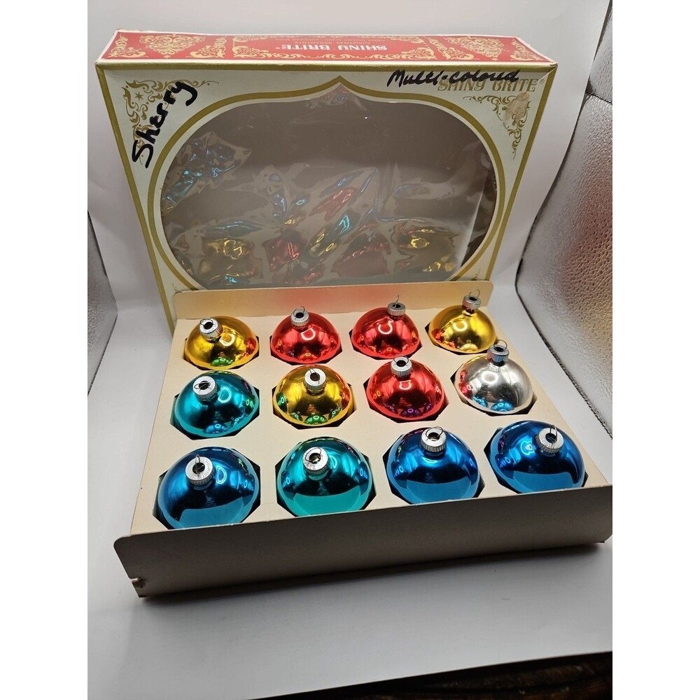 Shiny Brite Glass Ball Ornaments Original Box Vtg Lot Of 12 Solid Multi Color